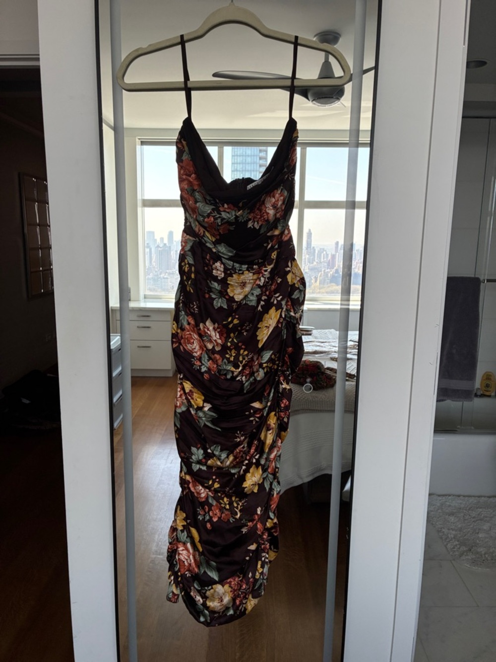 Floral Ruched Slip Dress in Dark Chocolate